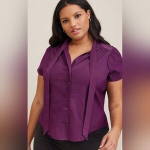 Torrid Retro Chic Poplin Tie Neck Button Front Shirt 3X Potent purple